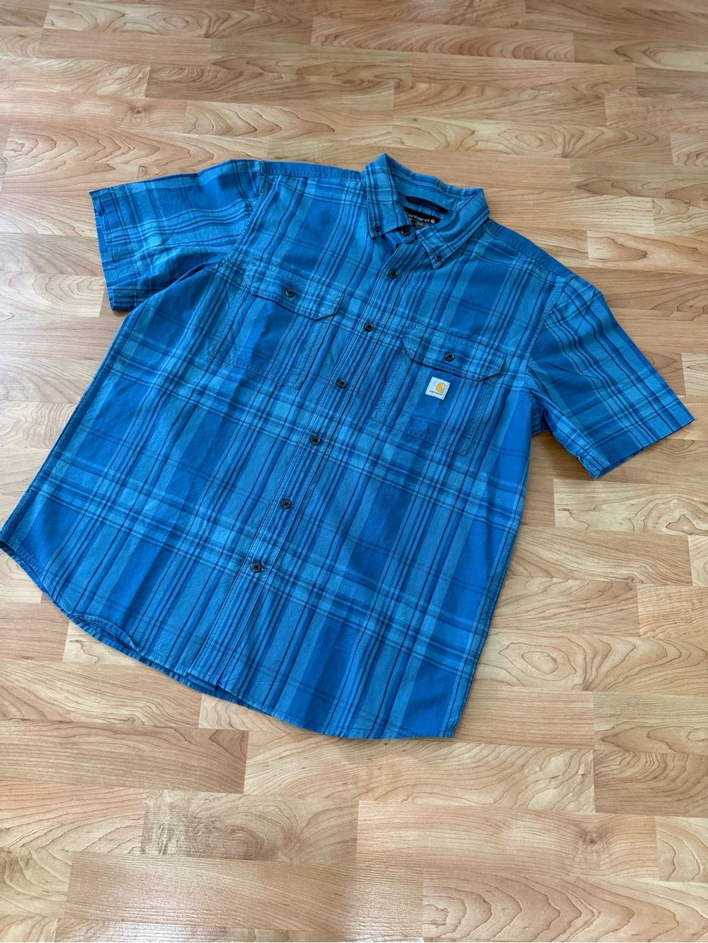 Carhartt Men's Teal Blue Plaid Short-Sleeve Button-Down Shirt